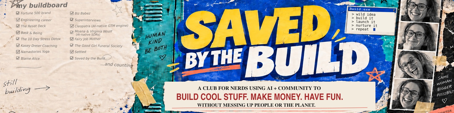 Saved by the Build banner featuring the bold handmade logo and founder photo strip