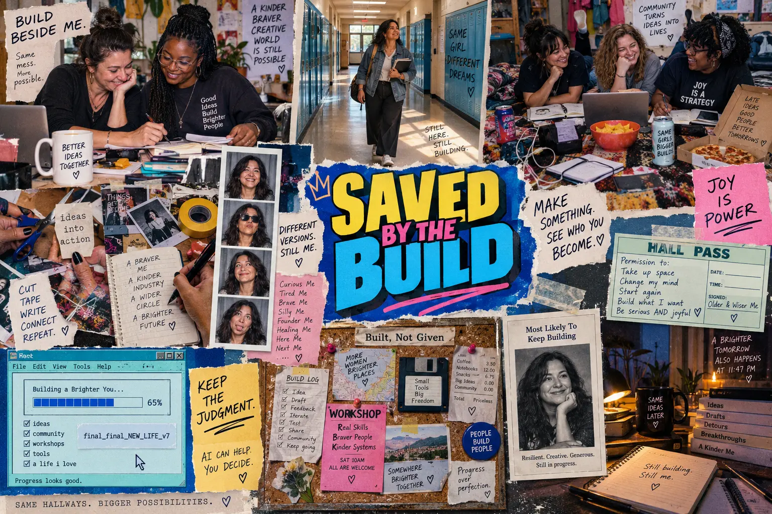 Saved by the Build clubhouse collage showing women creating together among notes, tools, and playful build artifacts